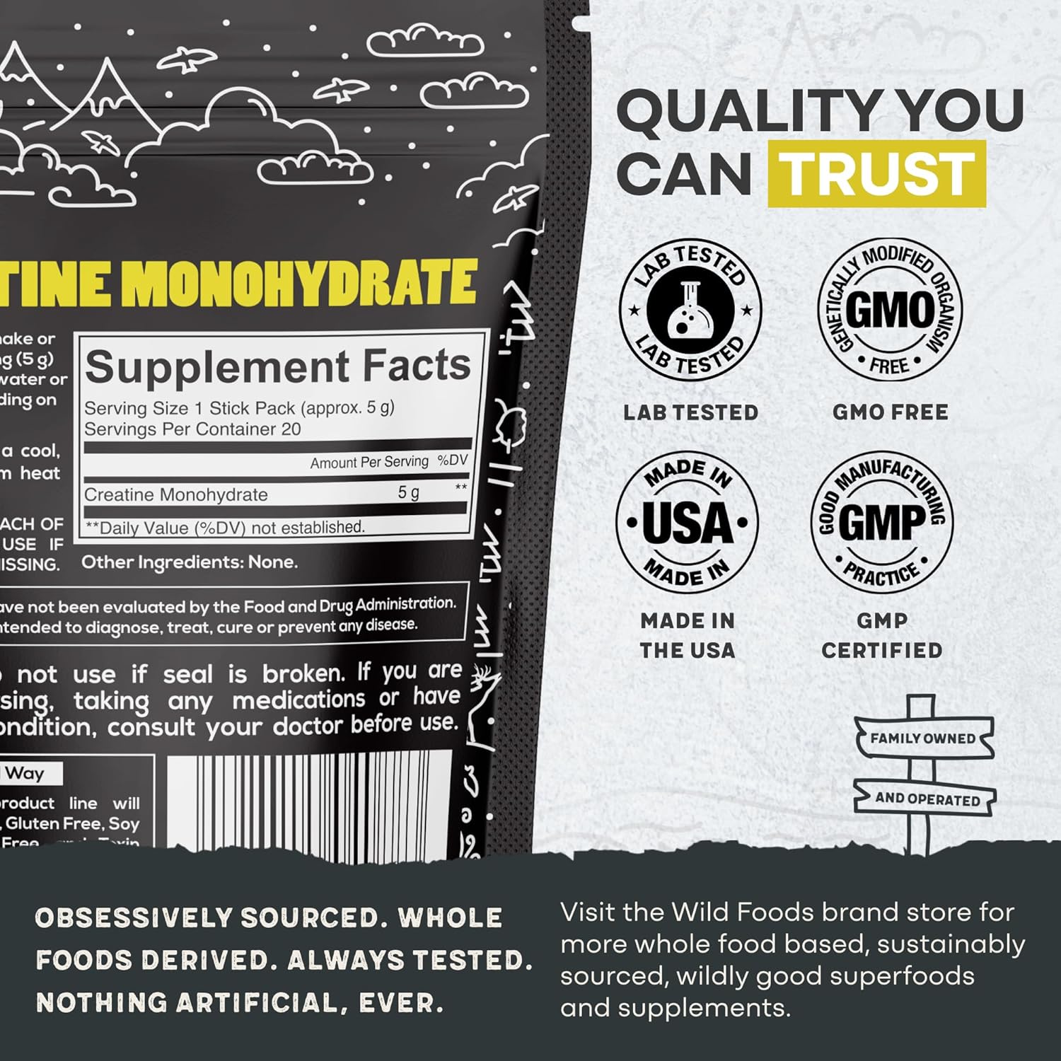 Wild Foods 100% Creatine Monohydrate Powder Packets - 20 Packets - for Brain, Muscle Performance & Strength – Pure Creatine for Men & Women, USA Made– 5g Creatina Per Serving