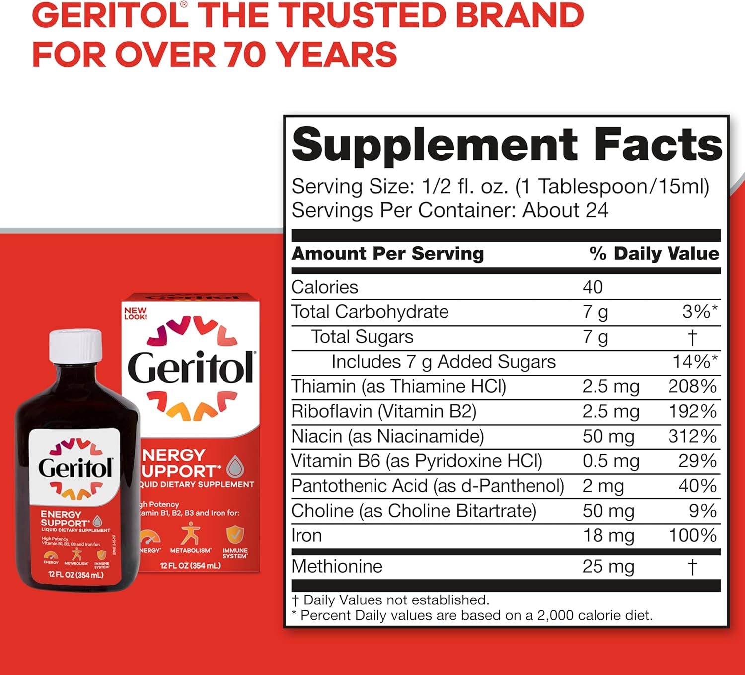 Geritol Liquid Vitamin and Iron Supplement, Energy Support, Contains High Potency B-Vitamins and Iron, Pleasant Tasting, Easy to Swallow, No Artificial Sweeteners, Non-GMO, 12 Oz, 3 Pack