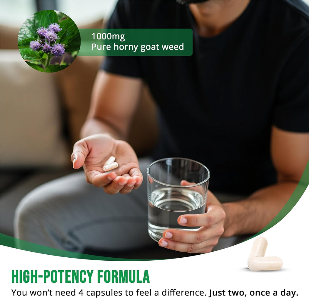 PHARMS Hornygoatweed for Men & Women (1,000 mg) - Energy & Stamina Capsules with Maca Root, Tribulus, Tongkat Ali, Saw Palmetto & Ginseng - Female & Male Performance Enhancing Supplement - 60 Capsules