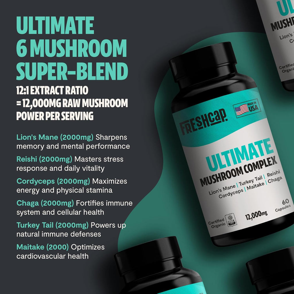 FreshCap Mushrooms Ultimate Mushroom Supplement 12,000mg - Nootropic Mushroom Complex Capsules, Organic Mushrooms Supplement, Nootropic Brain Supplements for Memory and Focus Ayurveda (60 Capsules)
