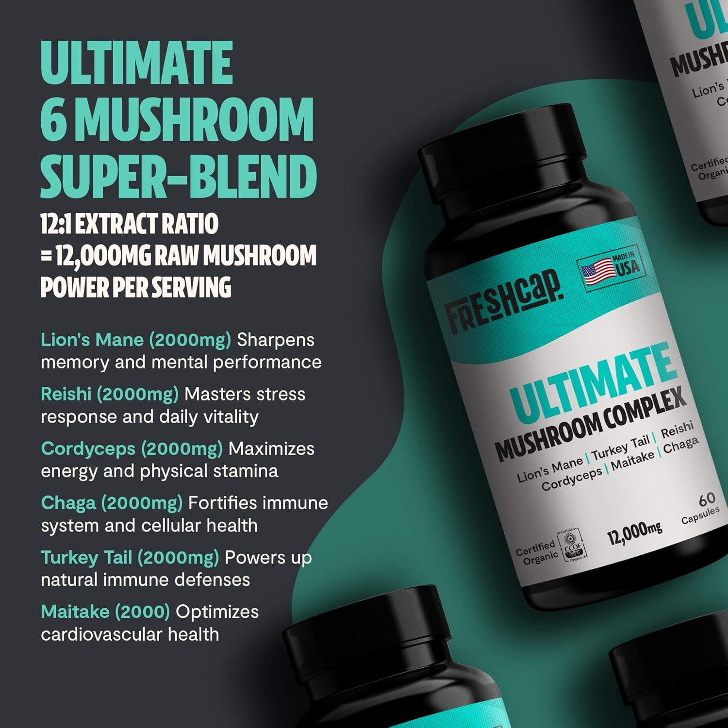 FreshCap Mushrooms Ultimate Mushroom Supplement 12,000mg - Nootropic Mushroom Complex Capsules, Organic Mushrooms Supplement, Nootropic Brain Supplements for Memory and Focus Ayurveda (60 Capsules)