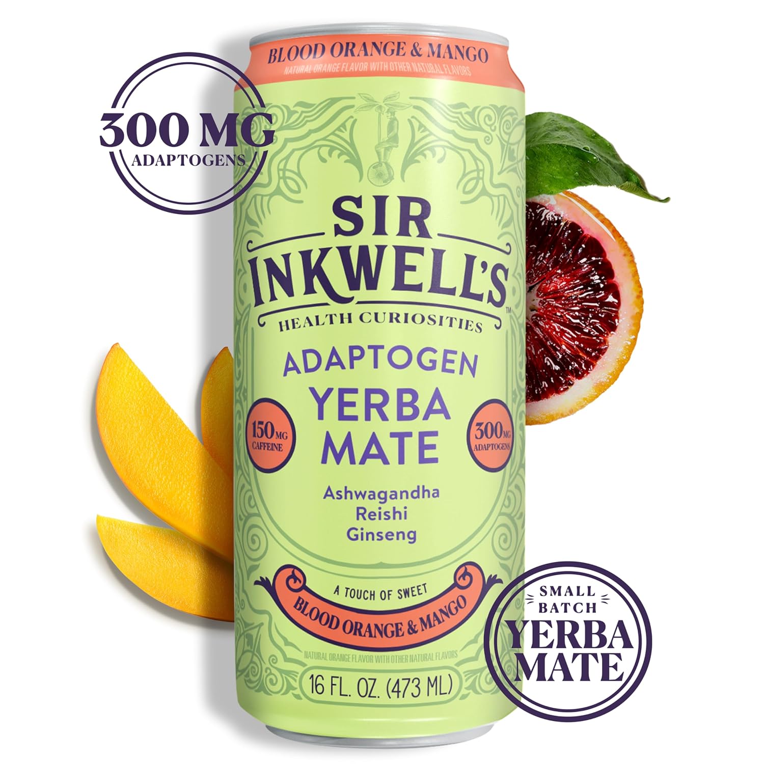 SIR INKWELL'S Adaptogen Yerba Mate | Healthful Energy + Productivity 150 mg Organic Caffeine | 300mg Ashwagandha Reishi Ginseng | Non-GMO Certified | Blood Orange & Mango 16oz 12pk