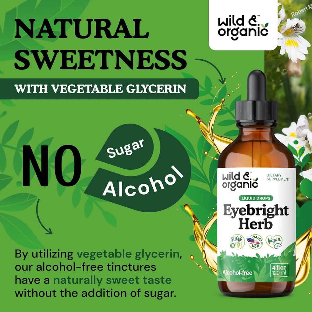 Wild & Organic Eyebright Herb Tincture - Vision Support with Euphrasia Extract - Dietary Eyebright Drops 500 mg - Vegan, Sugar & Alcohol-Free Liquid Supplement - 4 fl oz