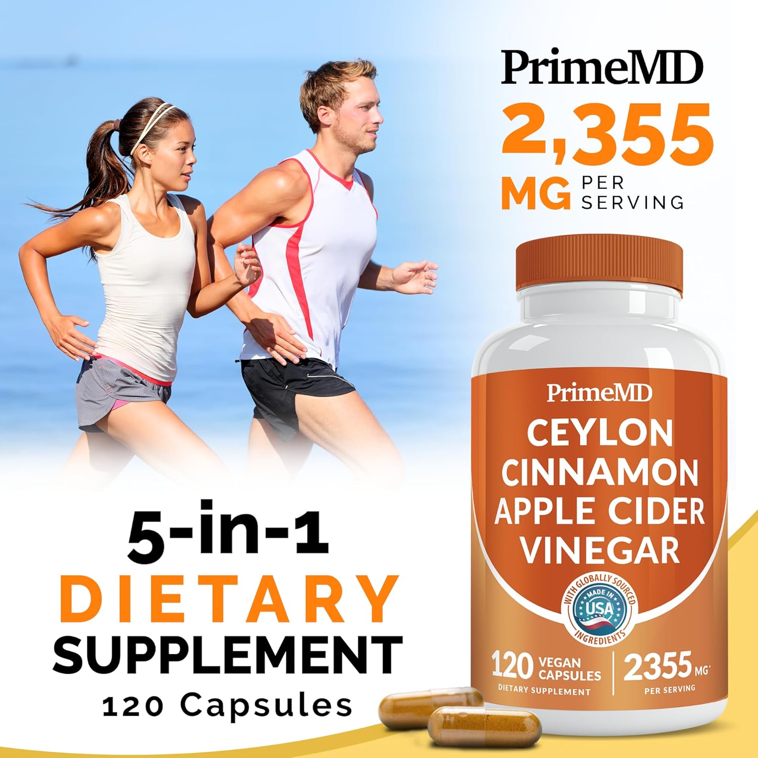 5-in-1 Ceylon Cinnamon Capsules 2355mg - Ceylon Cinnamon and Apple Cider Vinegar with Turmeric, Panax Ginseng, Cinnamon, and Bioperine, 120 ct