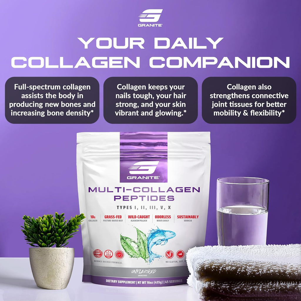 Granite Supplements Collagen Peptides Powder - Hair Skin and Nails Vitamins with Type I, II, III, V, X Hydrolyzed Collagen Peptides for Nail Growth, Bone, Mobility, & Joint Support (16oz)
