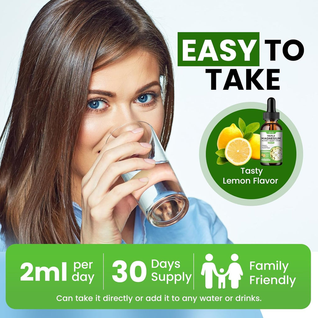 Liquid Magnesium Glycinate Supplement 1000mg, Calm Magnesium Citrate, Taurate Drops with Omega 3, Zinc, Ashwagandha, L-Theanine, Chamomile for Sleep, Mood, Stress Relief, Bone, Muscle, Lemon Flavor