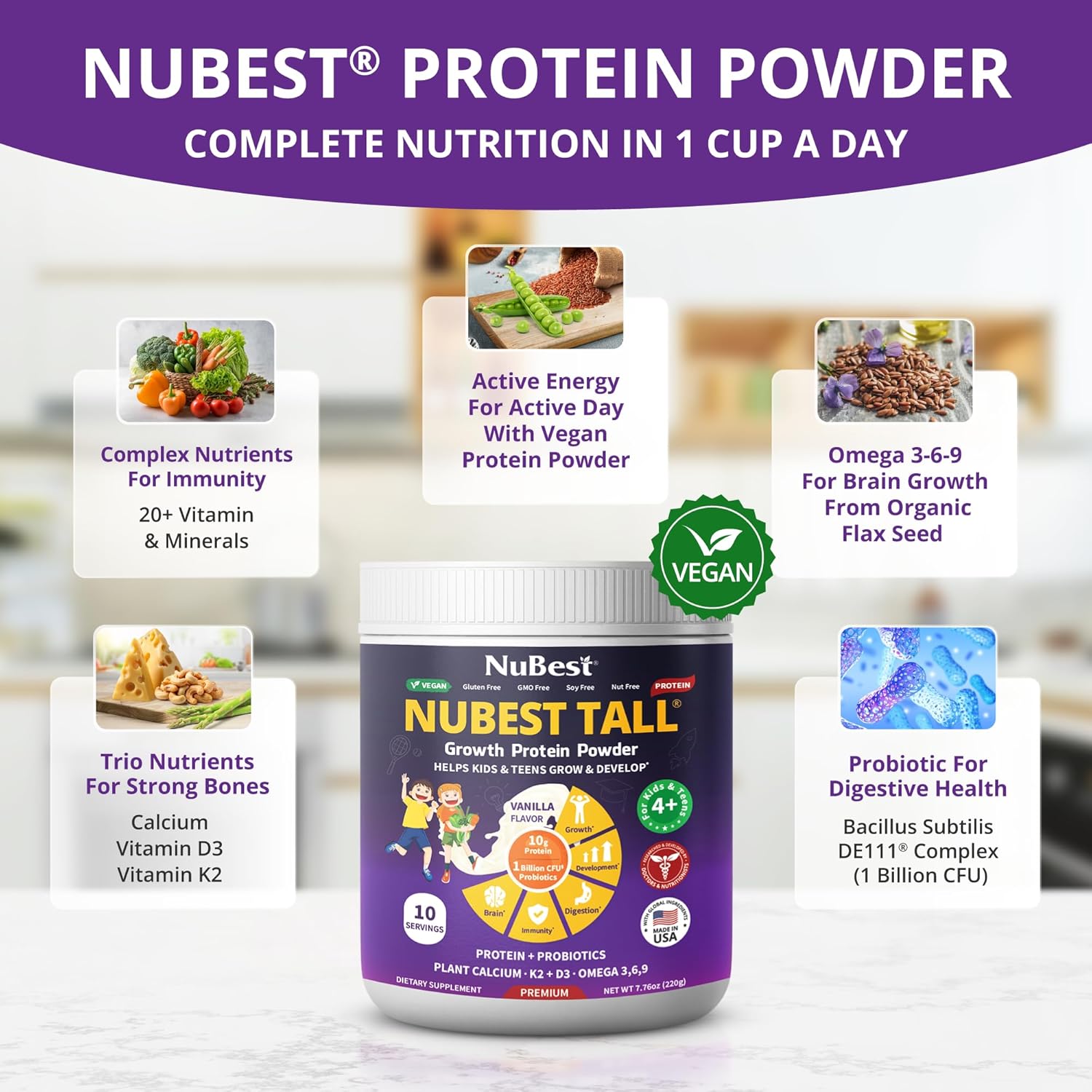 NuBest Tall Protein Powder for Kids & Teens - Vegan Vanilla Protein Powder Shake with Organic Red Algae Calcium, Probiotics, Omega 3-6-9, Vitamin D3 + K2 & Magnesium from Marine Algae - Pack 3