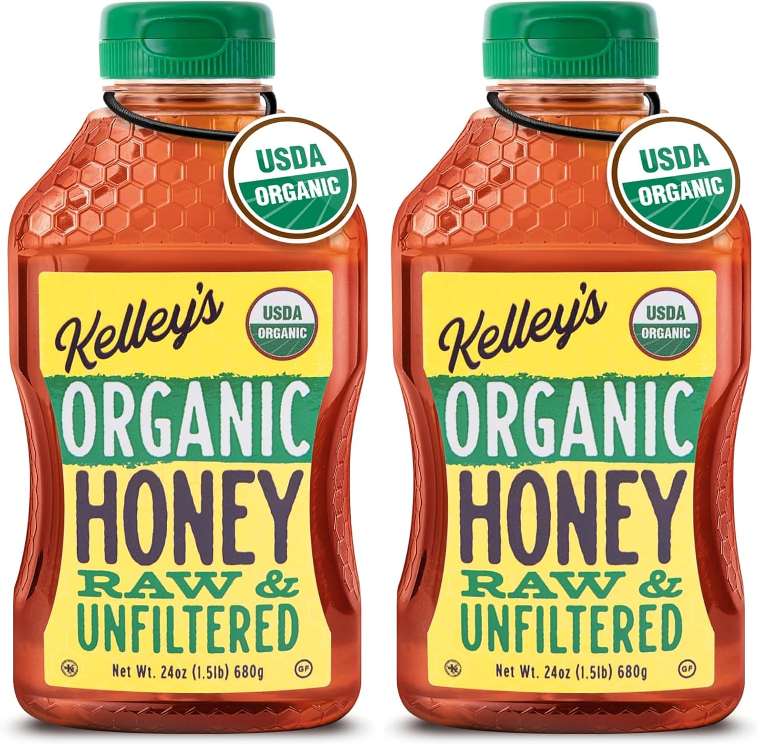 Kelley's 100% Organic Raw & Unfiltered Honey, USDA Certified, 24-ounce Squeeze Bottle – All Natural, Flavor-Rich Honey for Fruits, Yogurt, Smoothies, Acai Bowls, Tea - Natural Sugar Substitute