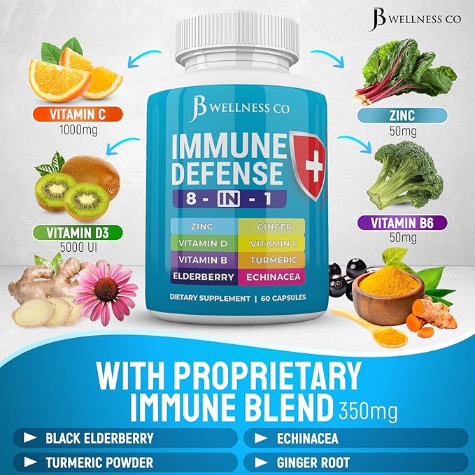 Immune Support 8 in 1 Capsules - Zinc Supplement, Vitamin D3, Vitamin C and Elderberry - Immune Booster Supplement with Echinacea, Ginger Root, and Turmeric - [3-Pack, 180 Count]