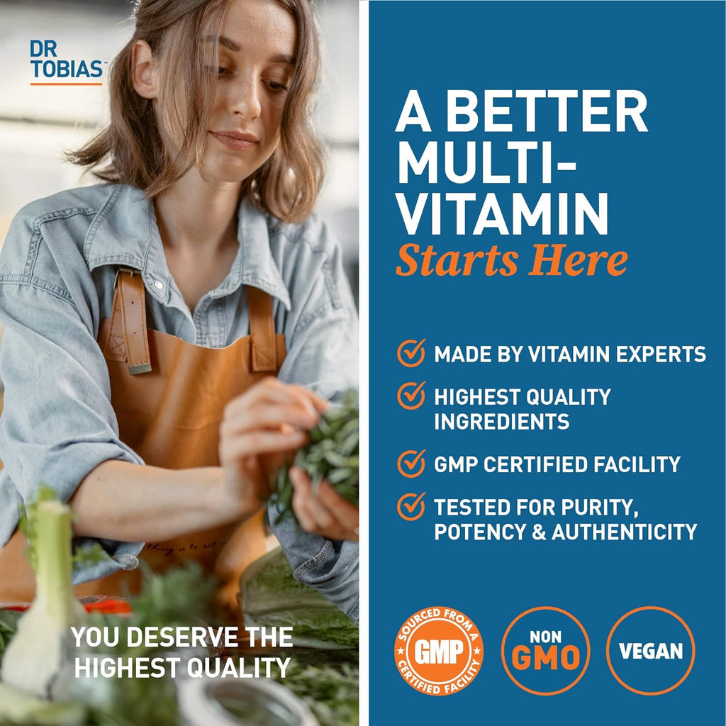 Dr. Tobias Adult Multivitamin for Women & Men, Immune Supporting Vitamins from 42 Fruits, Vegetables, Plus Probiotics, Vegan Multivitamins for Men & Women, Non-GMO, 90 Tablets, 30 Servings