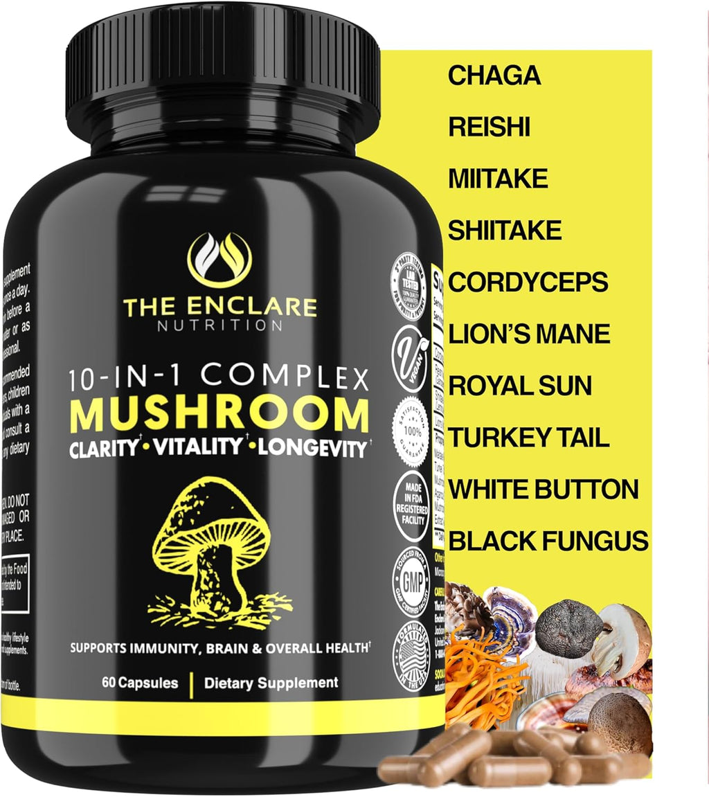 THE ENCLARE NUTRITION Mushroom Supplement - 10in1 Complex Immune Support, Energy, Nootropic Brain, Immunity Booster Lions Mane,Reishi,Turkey Tail,Cordyceps,Chaga,Maitake,Shiitake,Agaricus(3)