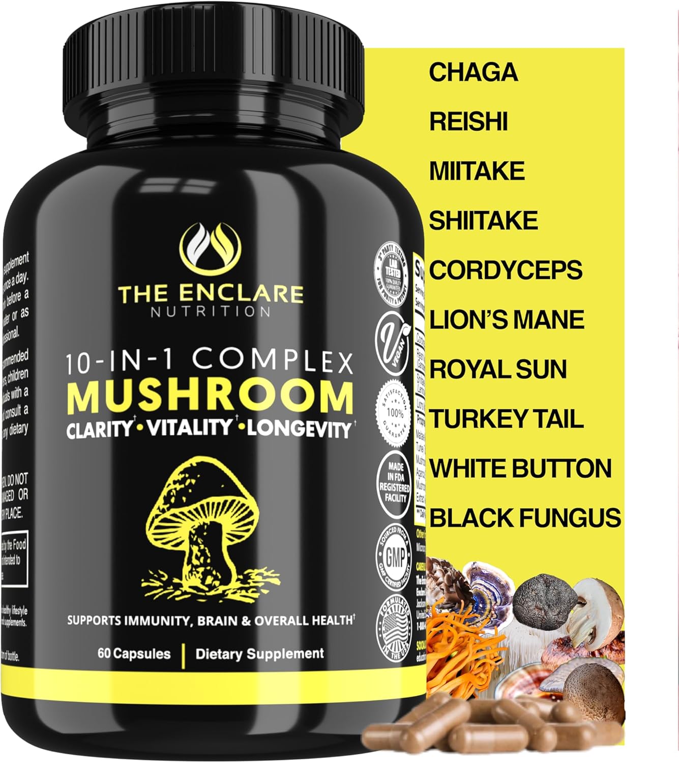THE ENCLARE NUTRITION Mushroom Supplement for Immune Support, Energy, Nootropic Brain, Immunity Booster with Lions Mane, Reishi, Turkey Tail, Cordyceps, Chaga, Maitake, Shiitake, Agaricus (6)