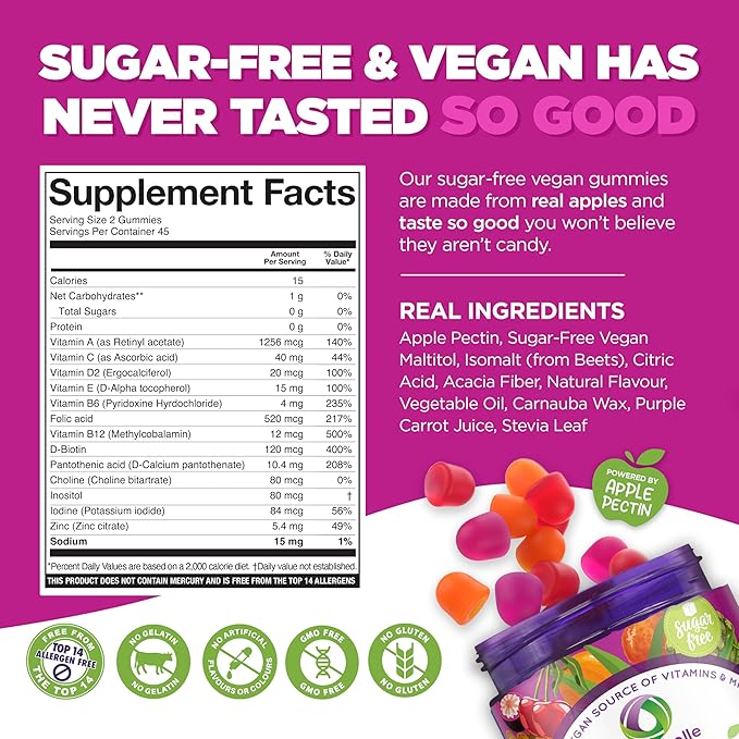 NUTRAMIN Daily Vegan Keto Multivitamin Gummies Non-GMO Natural Vitamin C, D + Zinc for Immunity, Plant-Based, Sugar-Free, Nut-Free, Gluten-Free, Biotin, Vitamin A, B, B6, B12 & More 45 Days (90 Count)
