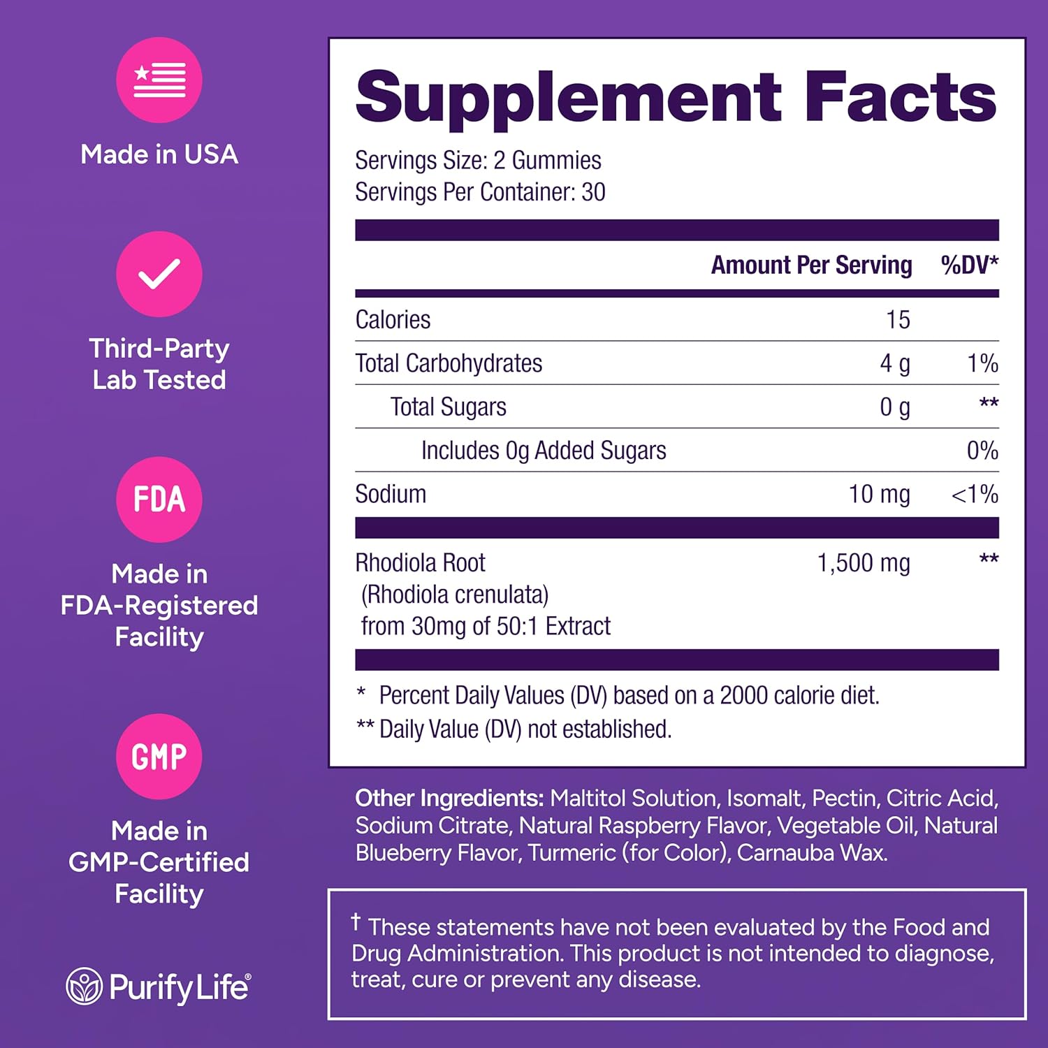 Purify Life Sugar-Free Rhodiola Rosea Gummies (1500mg/Serving) Cortisol Detox & Adrenal Support Supplement - Adaptogenic Rhodiola for Mood, Motivation, Stamina & Performance, Non-GMO, 60 Vegan Chews