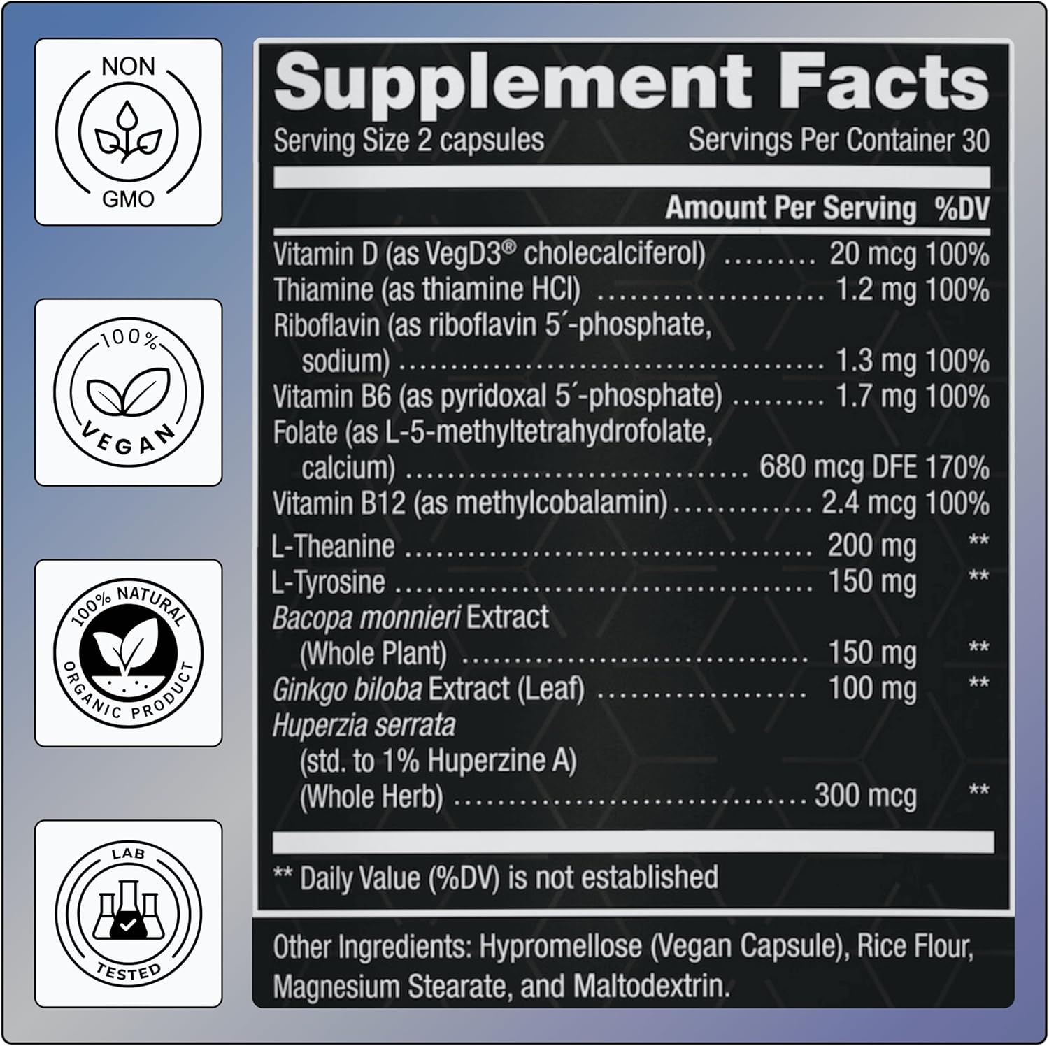 11-in-1 Methylated B-Complex Supplement: 680mcg L-Methylfolate(5-MTHF) Thiamine(B1) Riboflavin(B2) Pyridoxal(B6) Methylcobalamin(B12) - VegD3® + Nootropics - 1,100mg+ Serving - 60 Count