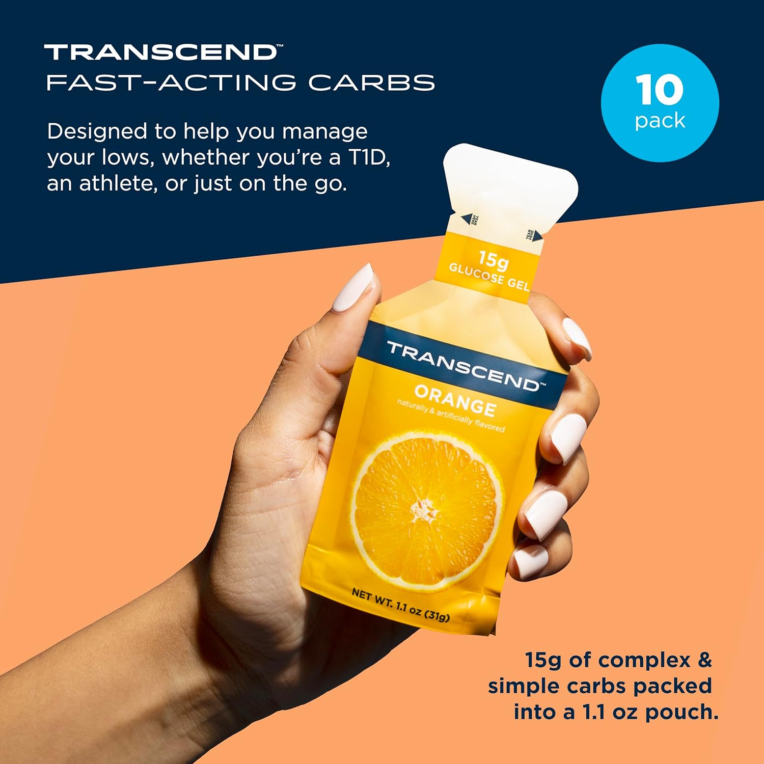 Transcend Foods Orange Gel (1.1 oz, Pack of 10) Fast-Acting Carb Gel Orange Flavor – Caffeine Free, Gluten Free