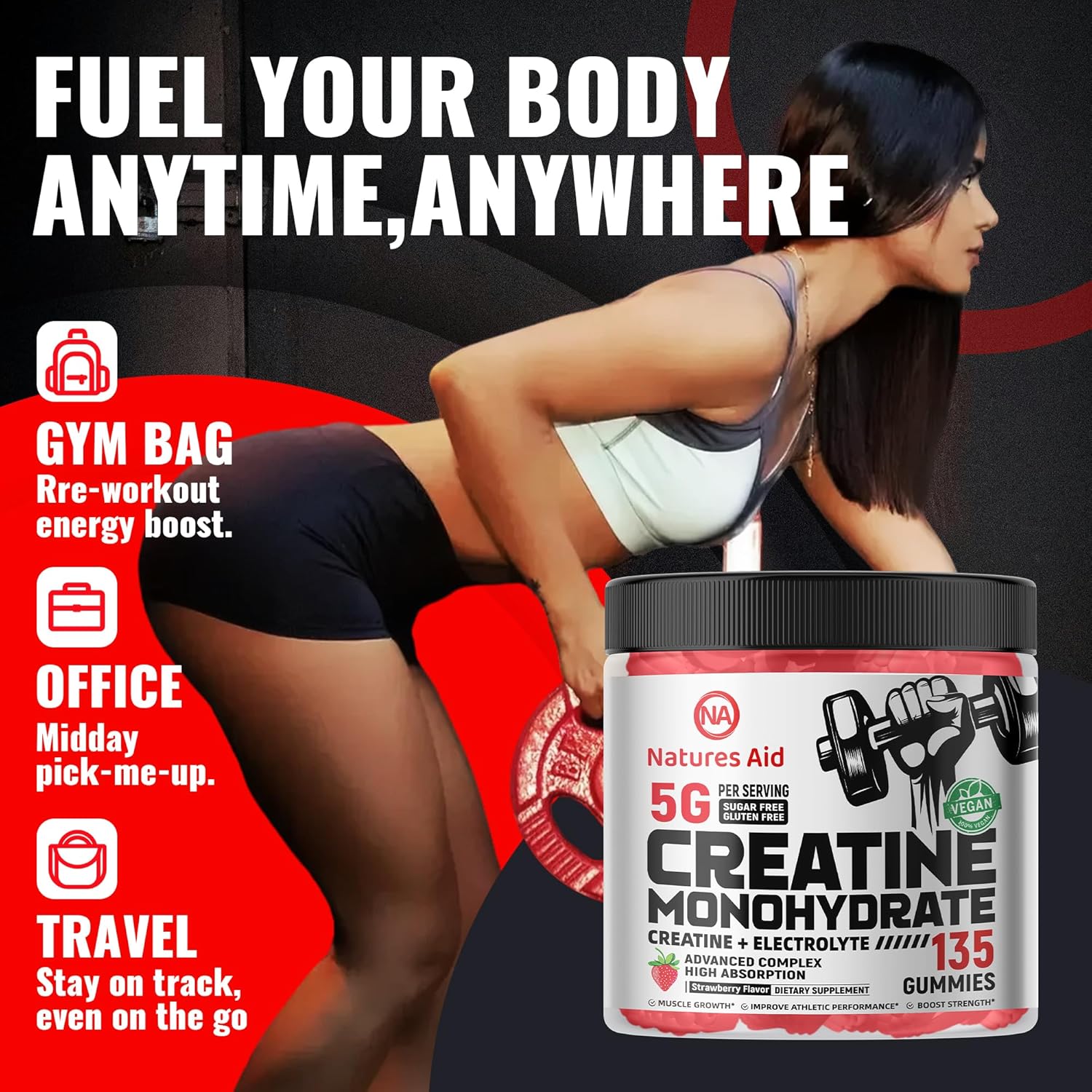 Creatine Monohydrate Gummies (5g) – Pre-Workout Energy & Muscle Growth Support for Men & Women | Strawberry Electrolyte Gummies (135 Count)
