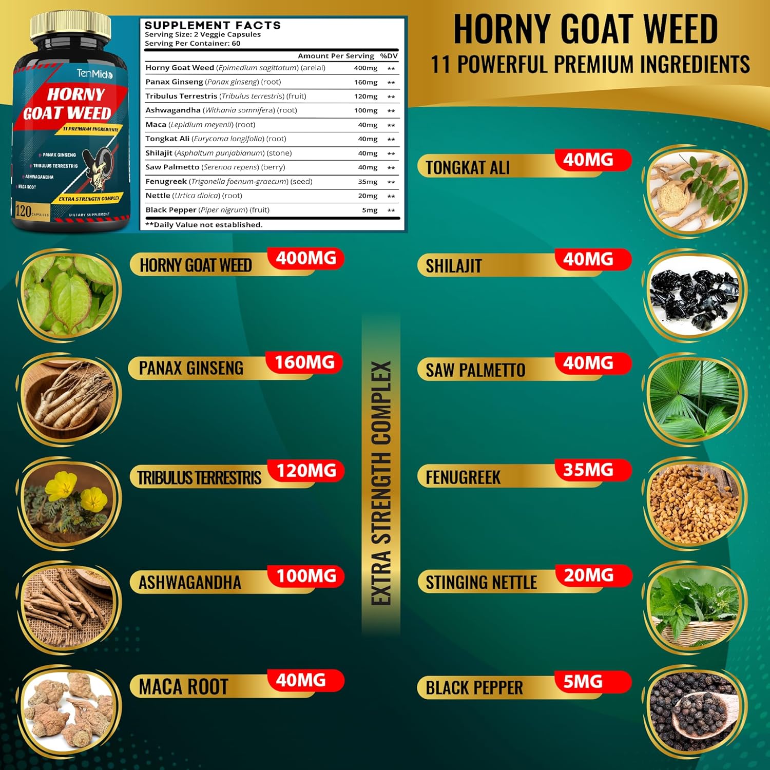 Horny Goat Weed Capsules & Ginseng, Tribulus, Ashwagandha, Maca, Tongkat and More - 120caps