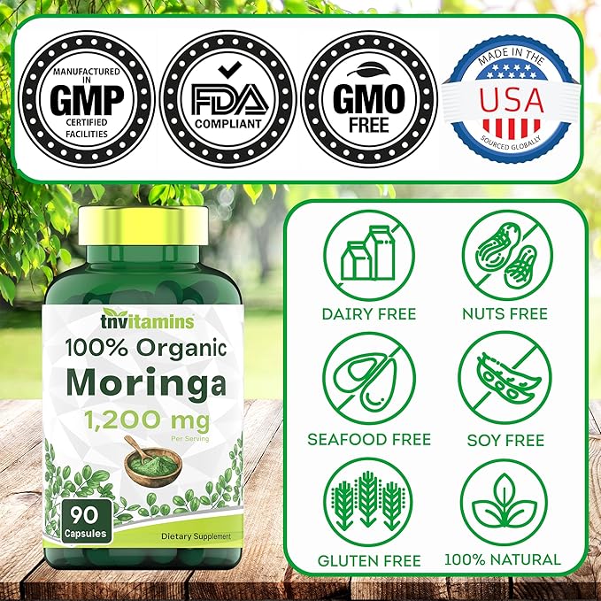 tnvitamins Organic Moringa Powder Capsules: 1,200 mg per Serving, 90 Count | Superfood Supplement for Energy & Vitality* | Organic Moringa Leaf – Non-GMO, Gluten-Free, Made in The USA