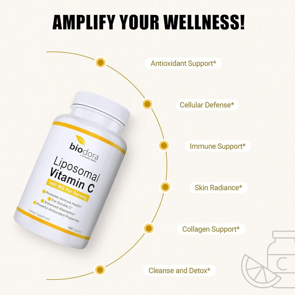 Liposomal Vitamin C, Healthy Immune System, Supports Heart Health, Enhanced Energy Level, Antioxidant Properties, 1400mg Per Servings, 180 Capsules
