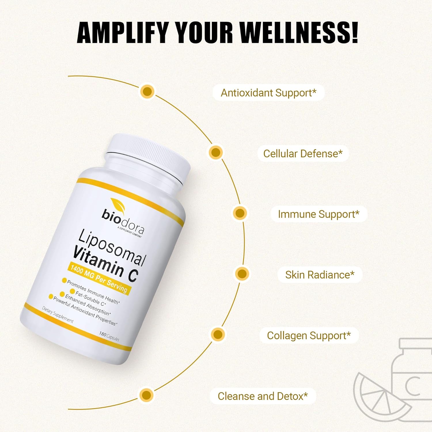 Liposomal Vitamin C, Healthy Immune System, Supports Heart Health, Enhanced Energy Level, Antioxidant Properties, 1400mg Per Servings, 180 Capsules