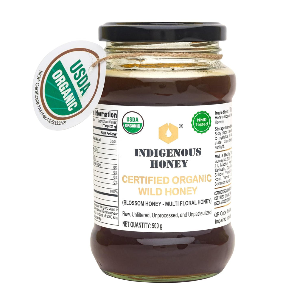 INDIGENOUS HONEY USDA Certified Organic Raw Wild Blossom Honey, Unfiltered Small-Batch Micro-Lot Harvest, Glass Jar, Single-Origin, 17.64 oz