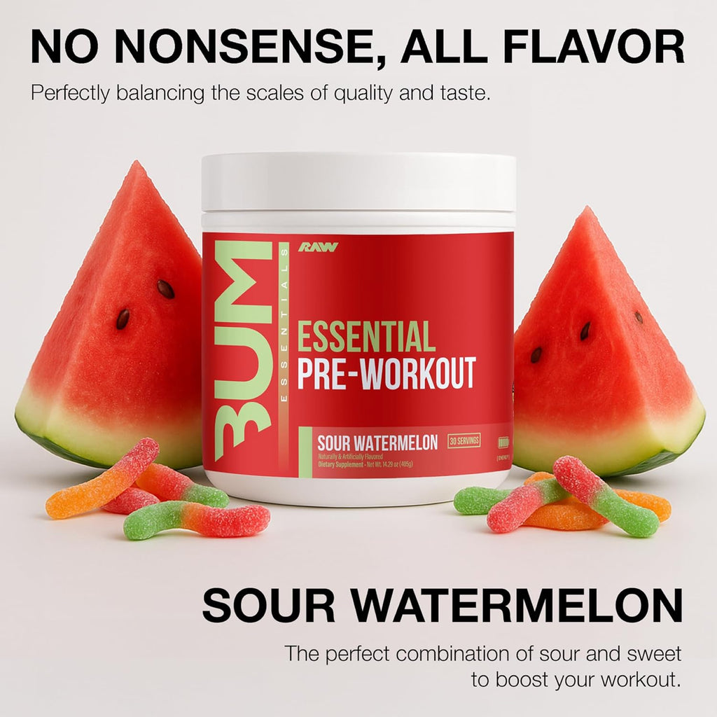 RAW Essential Pre-Workout Powder (Sour Watermelon) - Chris Bumstead Sports Nutrition Supplement for Men & Women - Preworkout Energy Powder with Caffeine, L-Citrulline & Beta Alanine Blend - 2-Pack