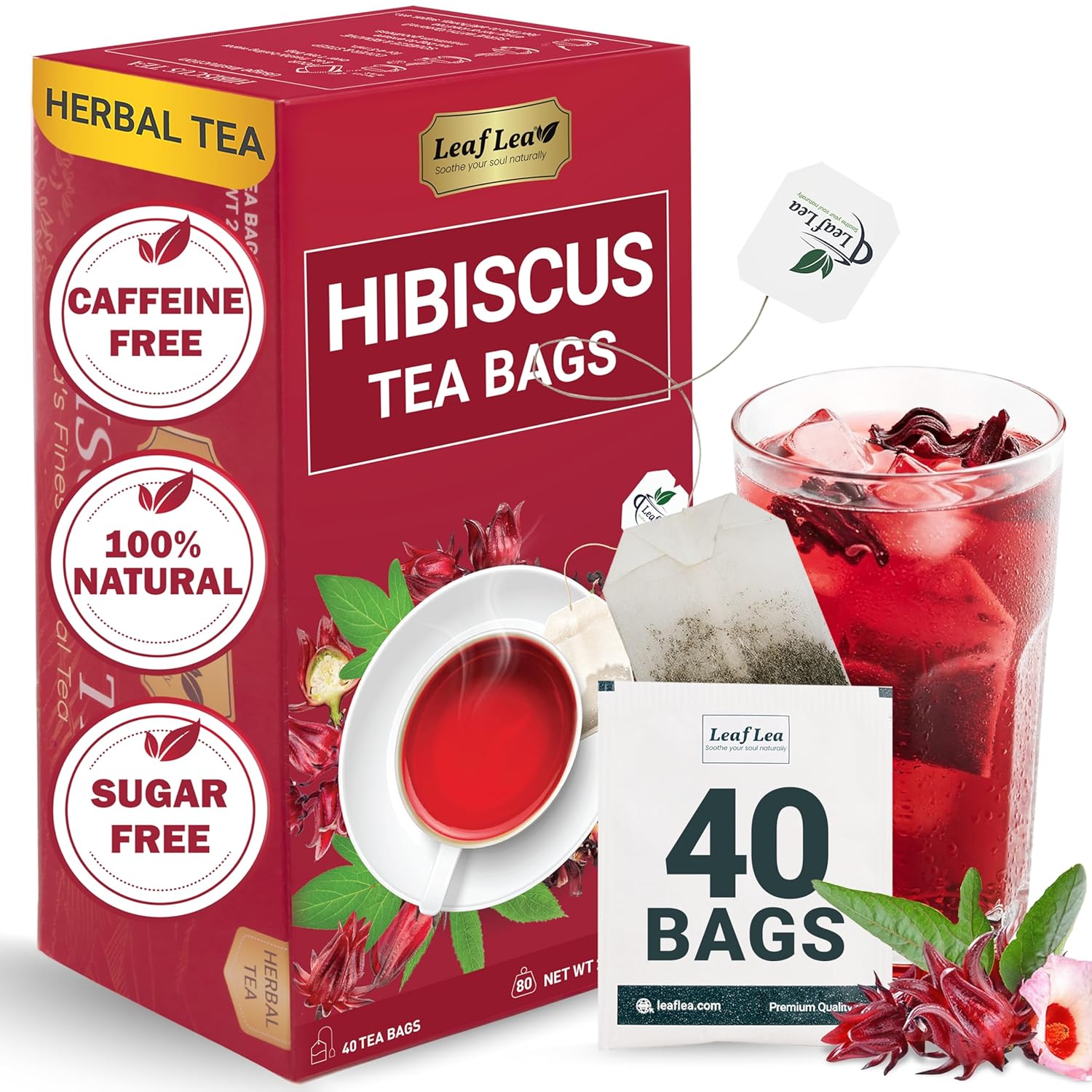 LeafLea 40 Premium Natural Hibiscus Tea Bags, 100% Pure from Hibiscus Flowers, Caffeine-Free Herbal Tea, Hibiscus Flower Tea Rich in Natural Goodness and Flavor, No Sugar, Gluten-Free, Vegan