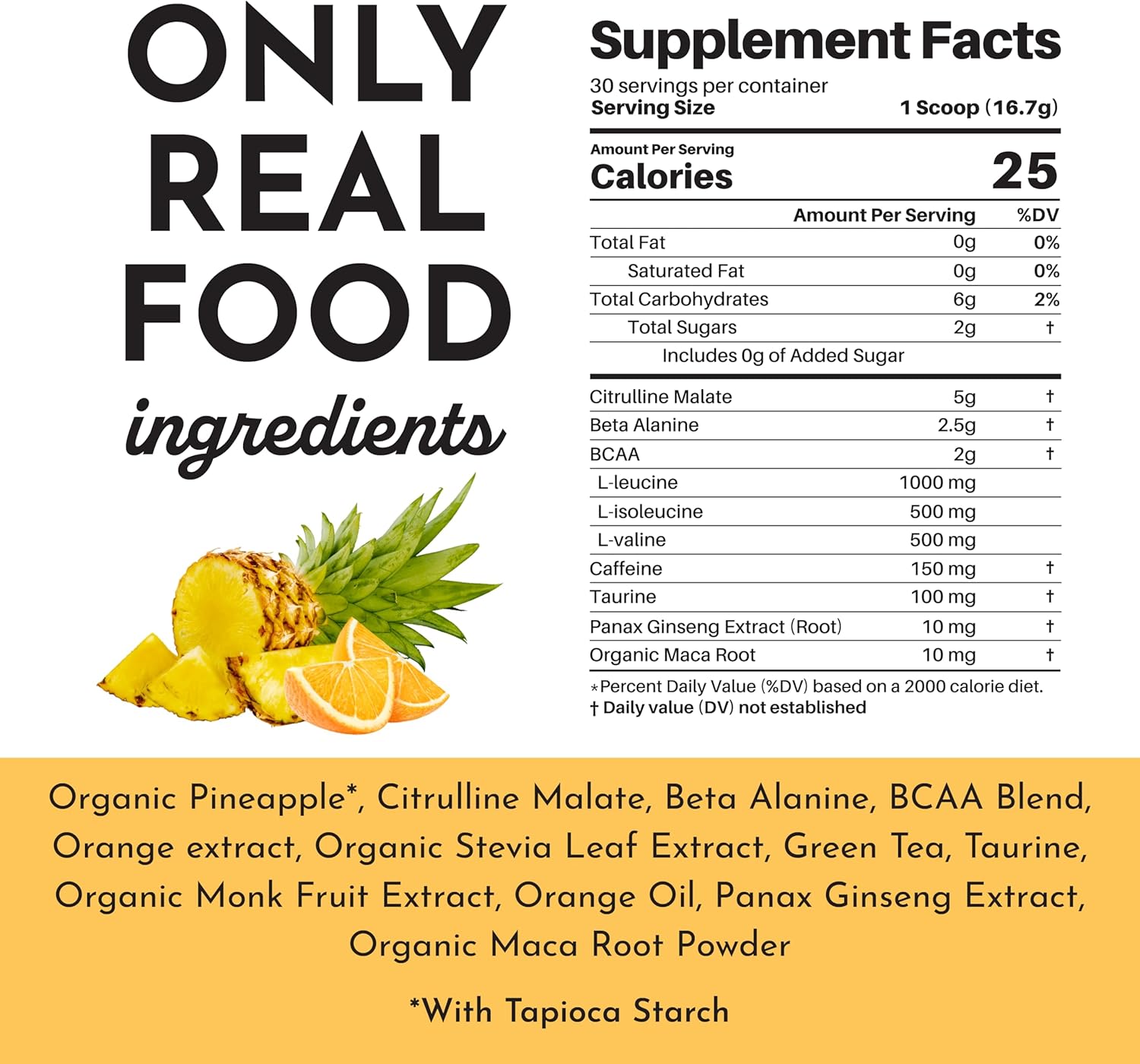 JUST INGREDIENTS Pre-Workout – Orange Pineapple| 30 Servings, BCAA Blend, Beta Alanine, Citrulline Malate, Ginseng, Maca Root, Taurine| Supports Energy, Focus & Endurance