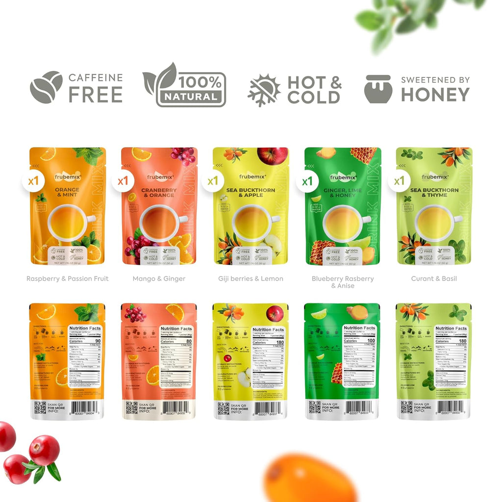 Frubemix Real Fruit & Berries Blend – Honey Sweetened, Purée-Based Drink Mix | No Artificial Flavors | Sparkling Refreshers, Cocktails & Mocktails | Hot or Iced | Variety Pack (10 Count)