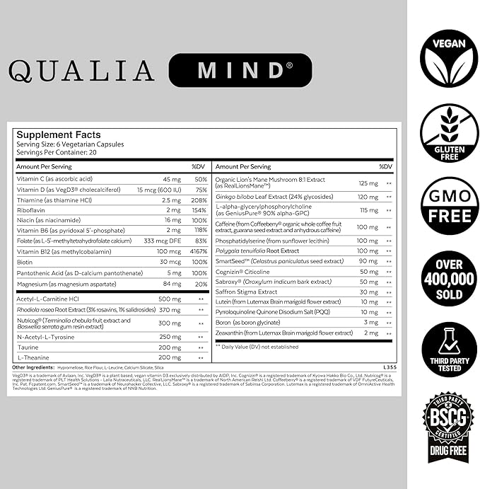 Qualia Mind | The Ultimate Blend for Brain Health* | Doctor-Formulated Nootropic to Fuel Focus & Concentration* | Supports Long Term Brain Health| Maintain Drive & Productivity