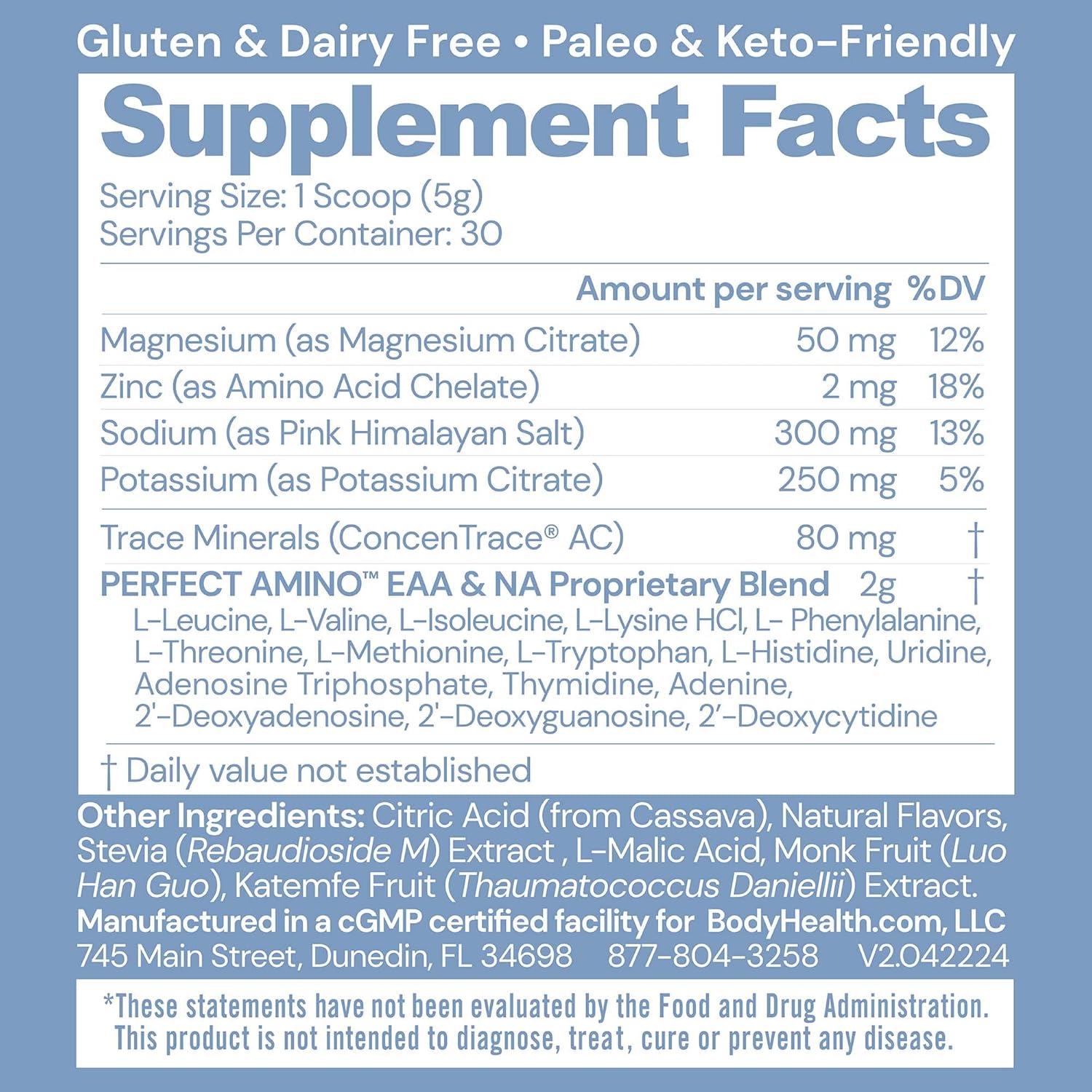 BodyHealth PerfectAmino Electrolytes Powder No Sugar, Keto Sugar Free Fasting Electrolytes Drink Mix, Hydration Powder with Trace Minerals - Mixed Berry - 30 Servings