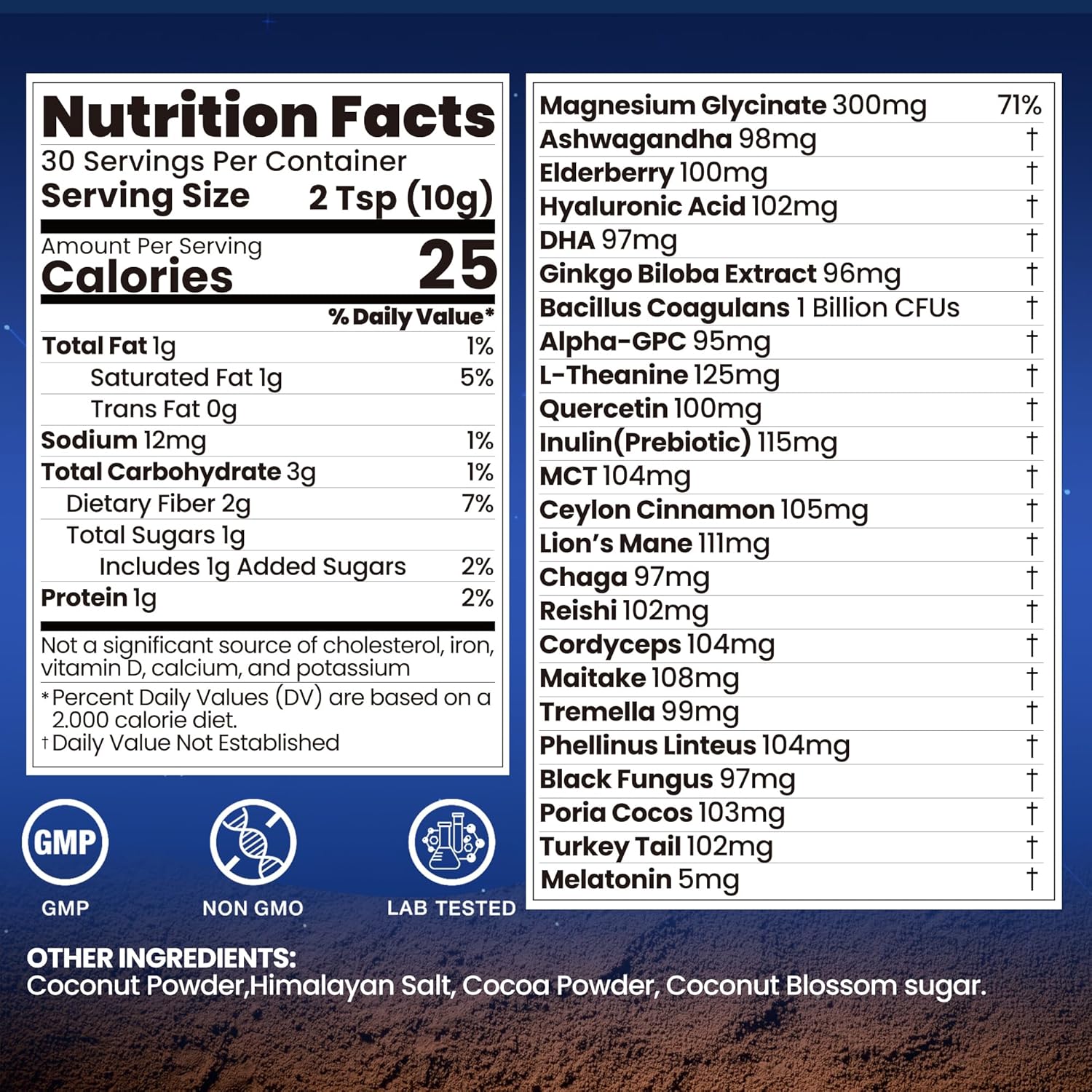 Magnesium Hot Cocoa for Sleep, Superfood Cocoa Powder, 10 Mushroom Blend with Magnesium Glycinate, 5mg Melatonin, L-Theanine & Ashwagandha | Calm & Relax Support | Non-GMO, Dairy-Free, 10.58 OZ