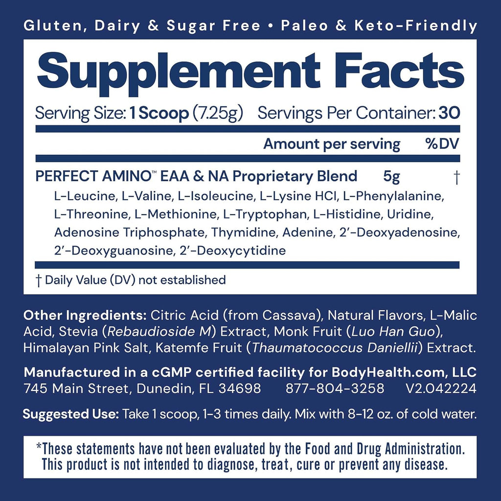 BodyHealth PerfectAmino Powder - BCAA and EAA Powder for Pre and Post Workout - Amino Acid Energy Drink for Men and Women to Support Lean Muscle and Recovery - Strawberry - 30 Servings