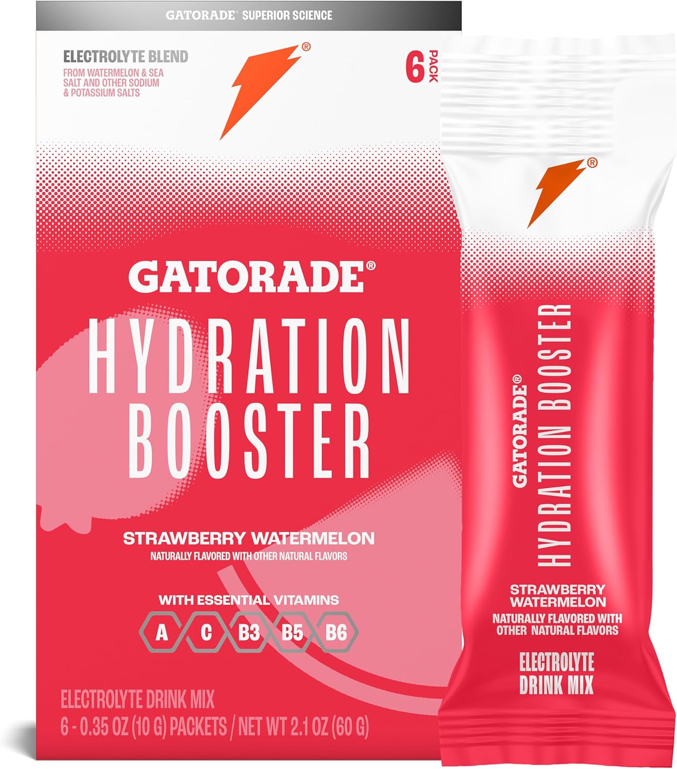 Gatorade Hydration Booster Electrolyte Drink Mix Powder Packets, Strawberry Watermelon, Advanced Electrolyte Blend, No Added Colors, No Artificial Sweeteners, Essential Vitamins A, C, B3, B5, B6, Makes 20 Fl Oz (6 Pack)