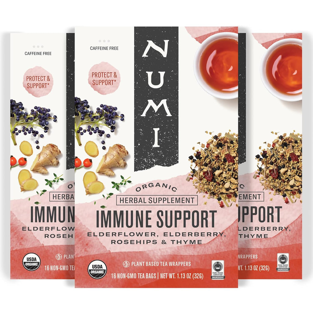 Numi Organic Immune Support Tea, 16 Tea Bags (Pack of 3), Elderflower, Elderberry, Rosehips and Thyme, Caffeine Free