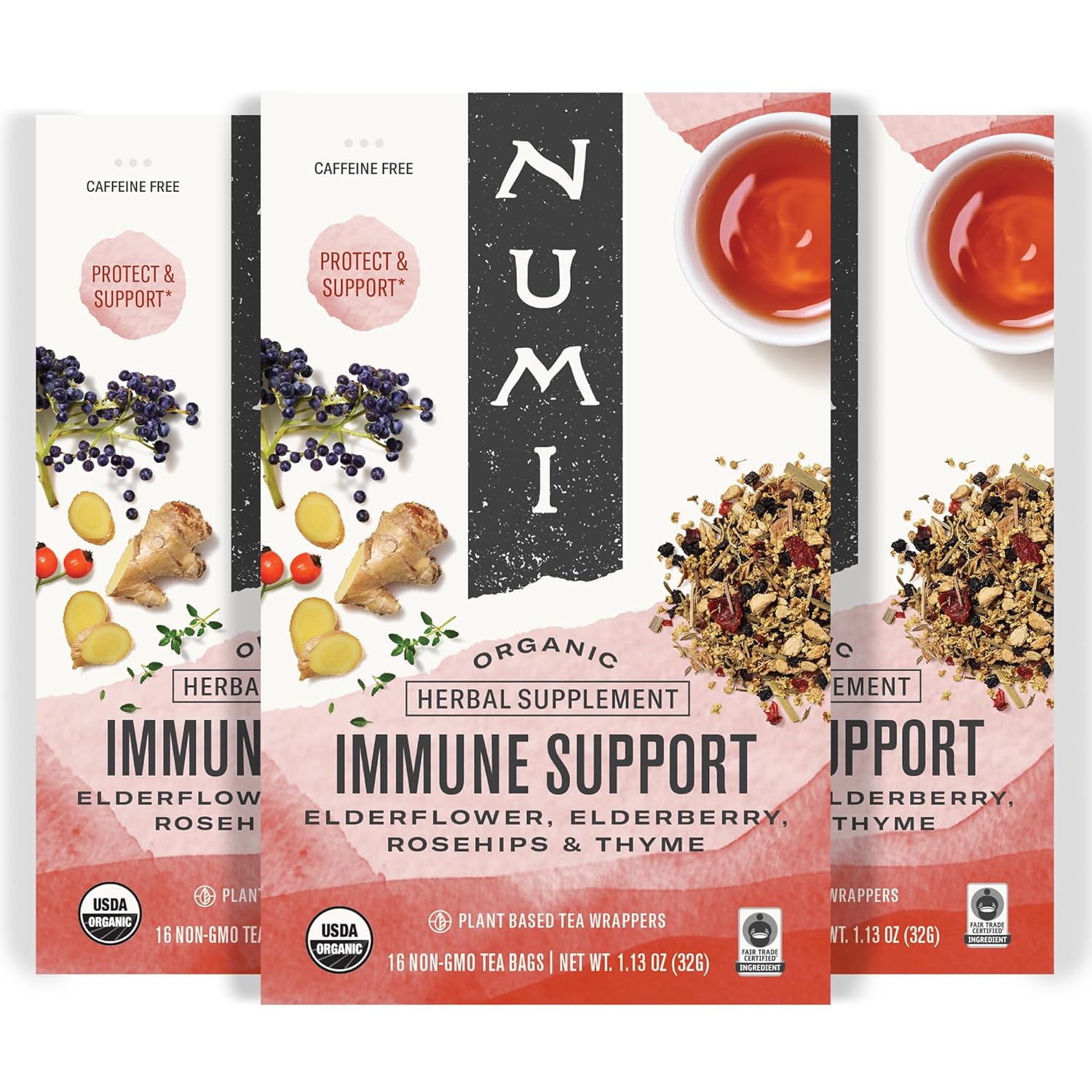 Numi Organic Immune Support Tea, 16 Tea Bags (Pack of 3), Elderflower, Elderberry, Rosehips and Thyme, Caffeine Free