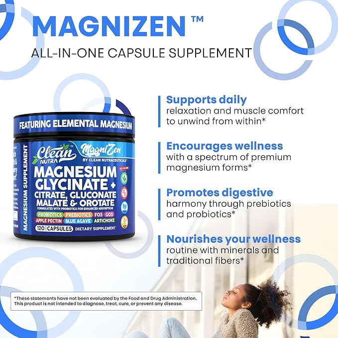 Clean Nutra Magnesium Glycinate Citrate Malate Orotate Taurate Supplement Complex + 10 Strain Probiotic Prebiotics FOS GOS Inulin Sleep Calm Support Apple Pectin – 120 Vegan Capsules