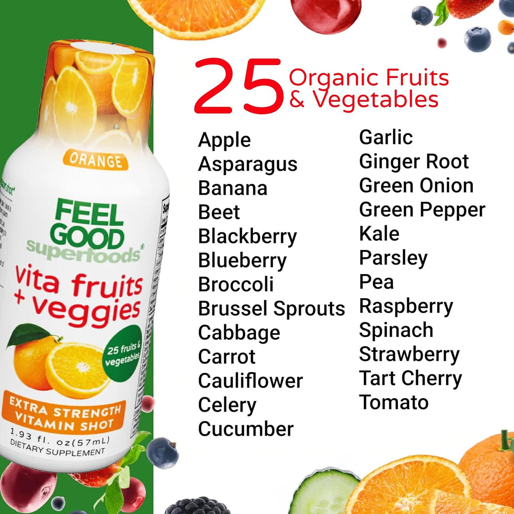 FeelGood Superfoods Vita Fruits and Veggies Immune Support Shot Supplements, Orange Flavor, Pack of 10 Immunity Shots, Immune System Booster Drink Made with 25 Organic Fruit & Vegetables