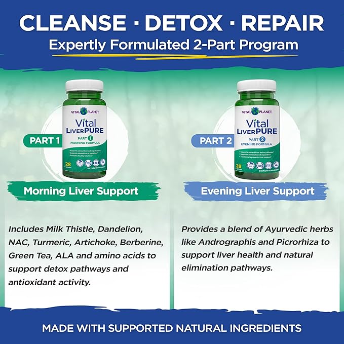 Vital Planet – Vital Liver Pure Liver Cleanse Detox & Repair with Milk Thistle, NAC Supplement N-Acetyl Cysteine, Andrographis, Dandelion, Turmeric, Alpha Lipoic Acid, 2-Part 14-Day Kit, 56 Capsules