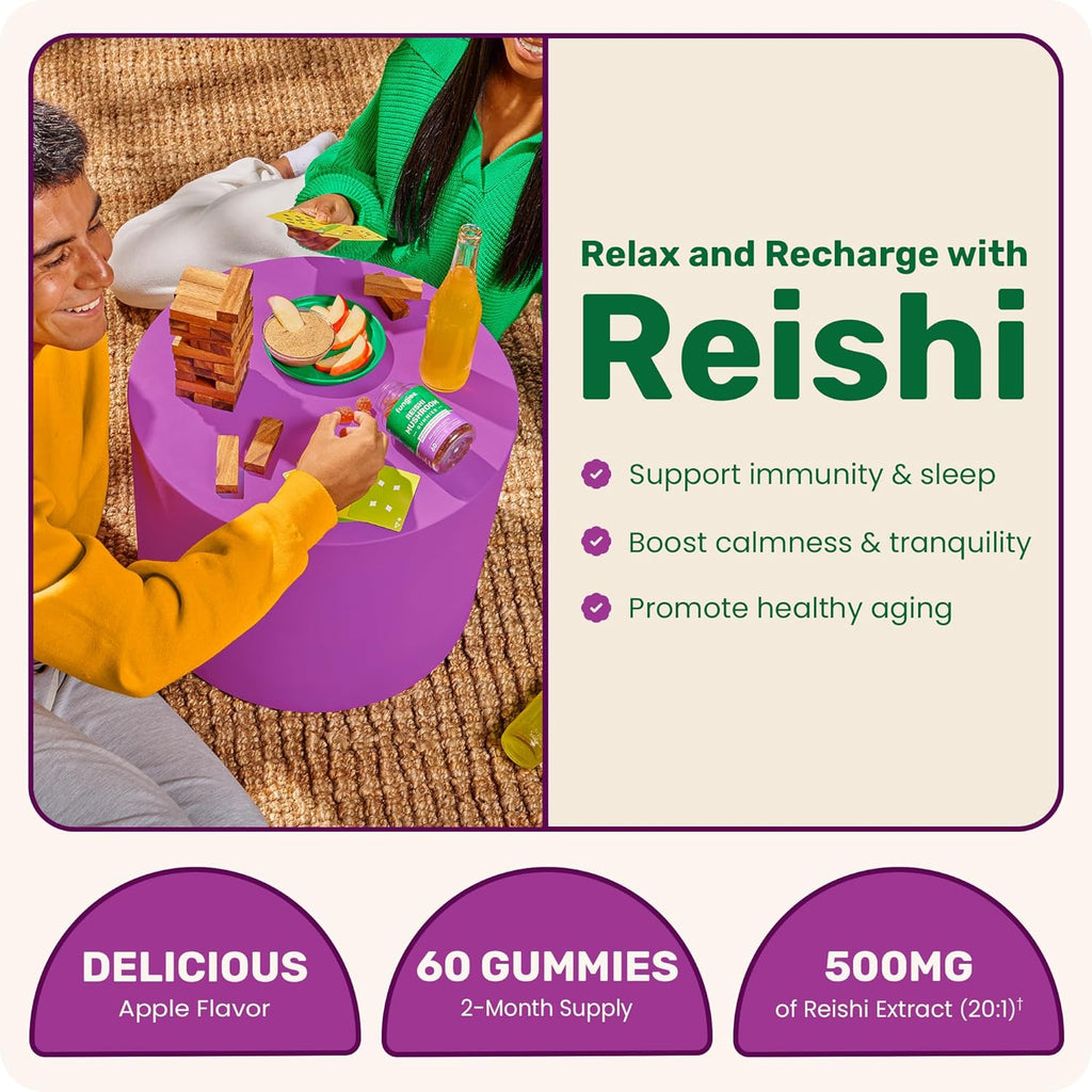 Fungies Reishi Mushroom Gummies, Delicious Apple Flavor - Mushroom Herbal Supplement Gummy for Adults Supports Immune Health, Relaxation & Healthy Aging - Calming Gummies for Sleep - 60 Servings