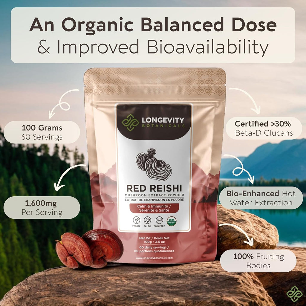 Longevity Botanicals Organic Reishi Mushroom Extract Powder 100g | Concentrated 10:1 Ratio | 100% Fruiting Bodies | Lingzhi (Ganoderma lucidum) Natural Supplement for Immune, Stress & Sleep Support