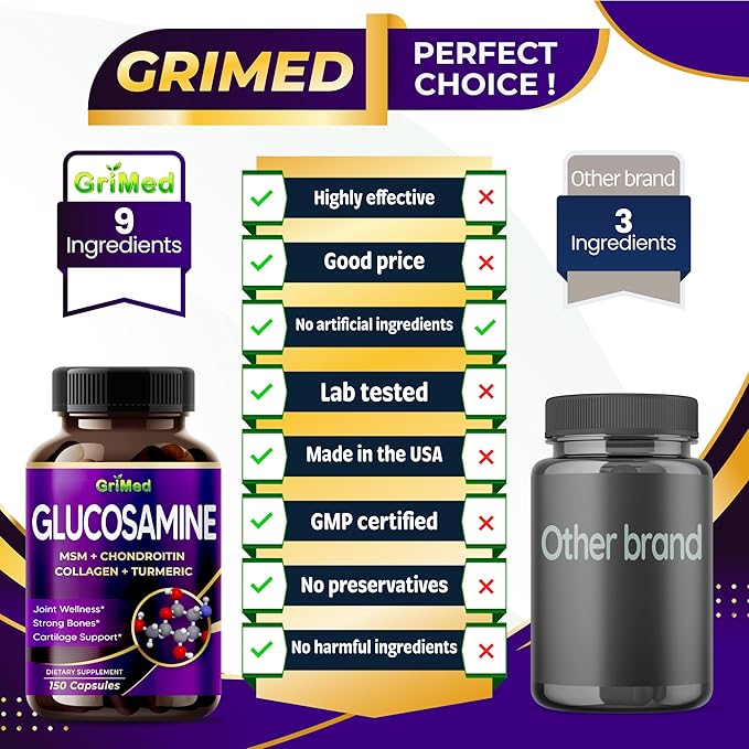 GriMed Glucosamine 12,000mg - X12 Power with MSM, Chondroitin, Collagen, Turmeric for Joint Wellness, Strong Bones, Cartilage Support