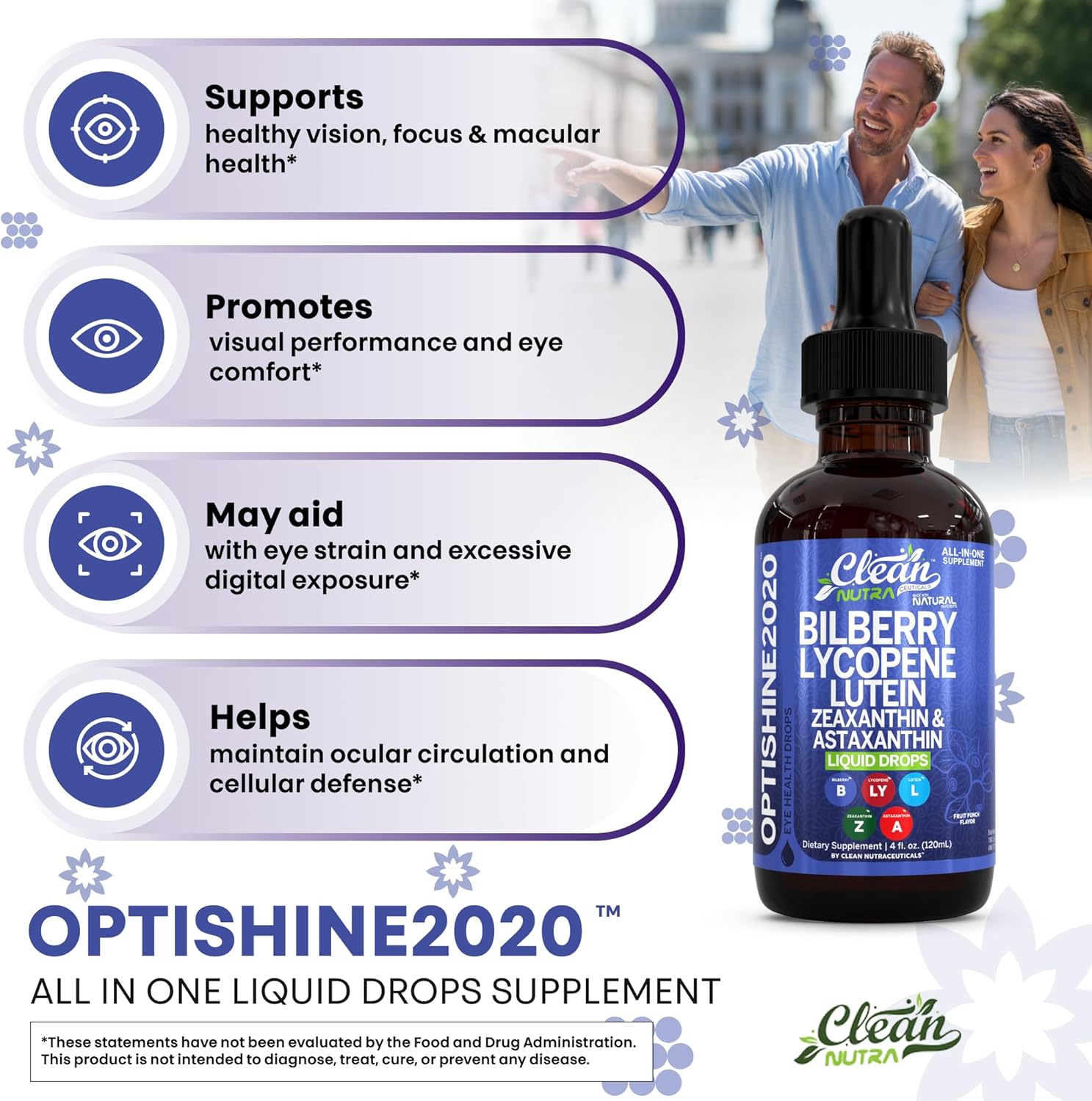 Clean Nutra Eye Vitamins Liquid Drops | Bilberry Lutein & Zeaxanthin Lycopene Astaxanthin | All-in-One Care for Eyes | Eye Health Support Vitamin and Mineral Supplement Fruit Flavor