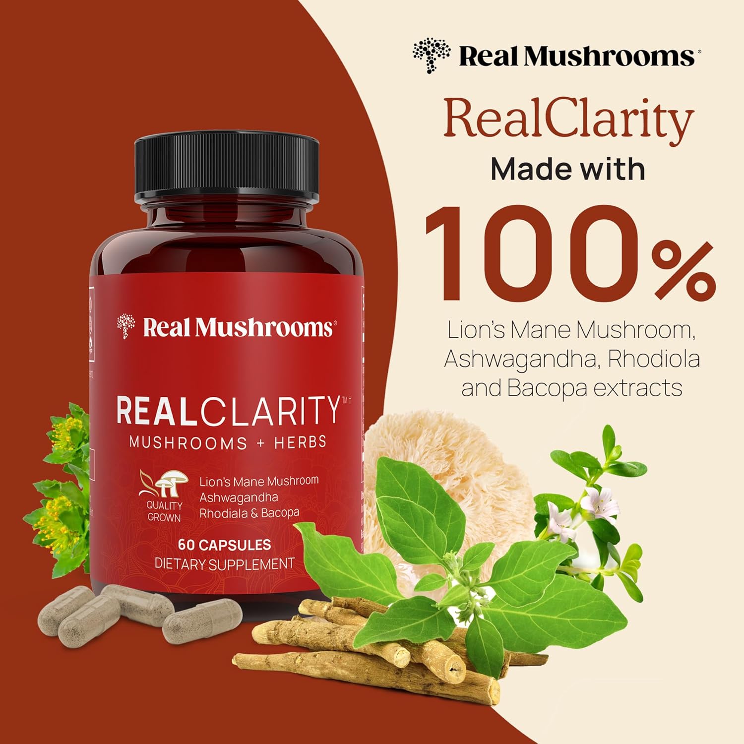 Real Mushrooms RealClarity Capsules – Lion’s Mane, KSM-66 Ashwagandha, Cordyceps & Reishi – Mental Sharpness, Alertness. & Adaptogenic Support – Vegan, Non-GMO – 60 Count Mushroom Supplement