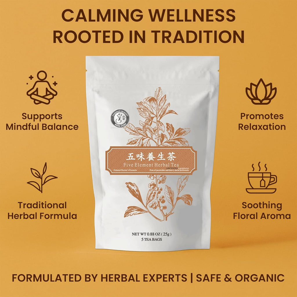 Five Element Herbal Tea Bags With American Ginseng, Chrysanthemum, Goji Berry, Jujube, And Citrus Peel | Herbal Blend For Immunity, Balance, And Vitality | 5 Count Wellness Tea Bags