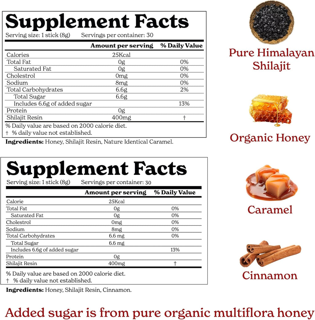 Pure Himalayan Shilajit Sticks with Organic Honey, Saffron| Easy to Consume|30 Sticks for Energy Boost & Immune Support, 85+ Trace Minerals, 75%+ Fulvic Acid (Pack of 2) Cinnamon + Caramel