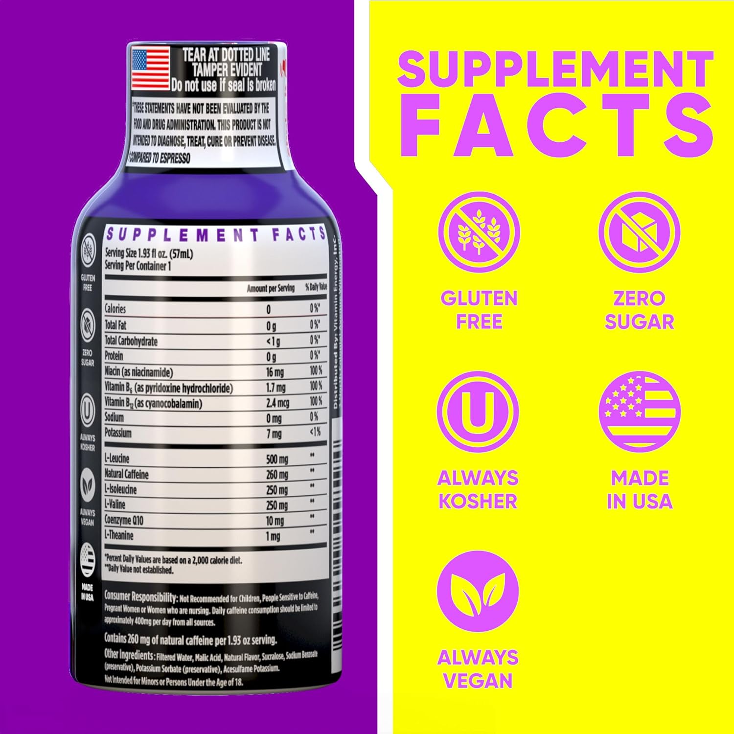 Vitamin Energy Focus+ Extra Strength Energy Shot Berry 10 Pack, 260mg Natural Caffeine, B-Vitamins, CoQ10, Amino Acids, Focus, Productivity & Clarity, Zero Sugar, Gluten-Free, 1.93 fl oz