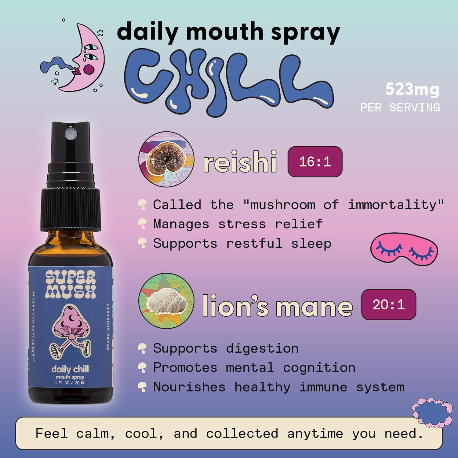 Daily Chill Mouth Spray - Mushroom Spray Supplement Reishi - Hibiscus & Ashwagandha Mixed Mushrooms Extract Pure Liquid Sprays - Stress Relief, Relaxing & Calming - 30ml Organic Lion’s Mane