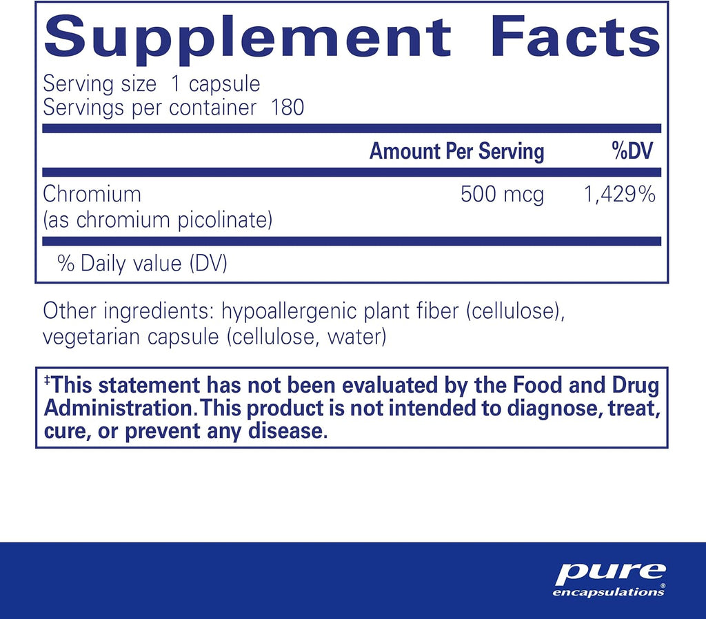 Pure Encapsulations Chromium (Picolinate) 500 mcg - for Lipid & Carbohydrate Metabolism* - Mineral Supplement - Superior Absorption Chromium Supplement - Vegan & Gluten Free - 180 Capsules